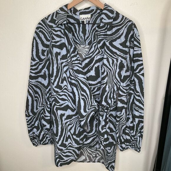 Ganni Zebra Poplin Wrap Top - Picture 1 of 8
